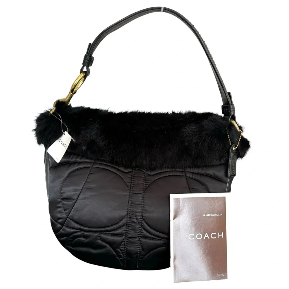 🆕 Coach Fur Signature Shoulder Bag Black Quilted Hobo